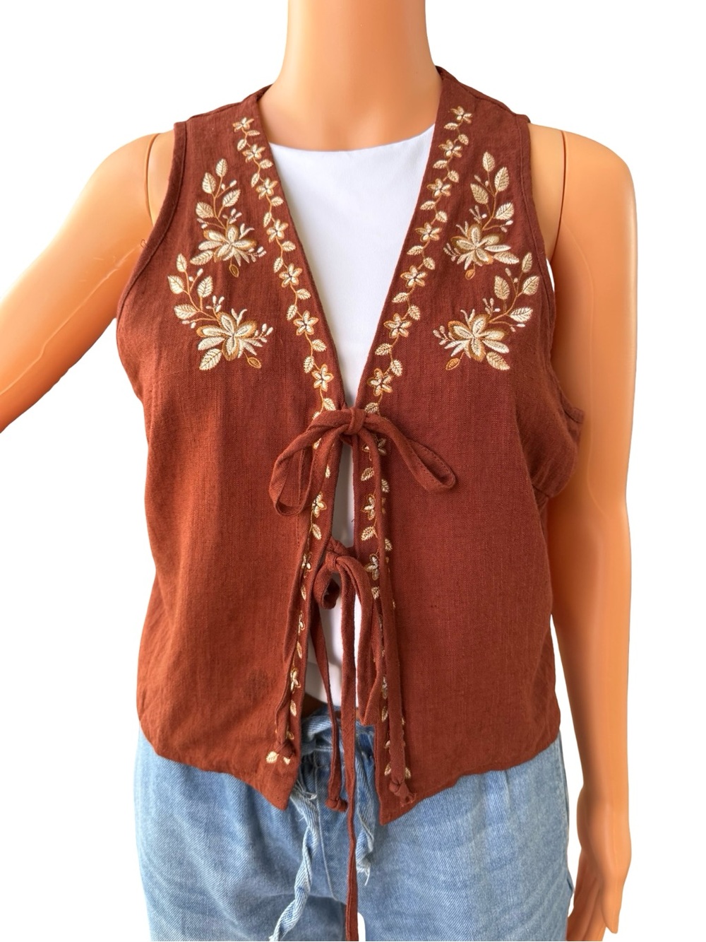 Source Unknown Burnt Orange Embroidered Tie-Front Camisole